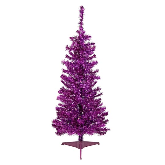 Northlight Purple Tinsel Artificial Clear Lights Purple Wire 4 Foot Pre-Lit Christmas Tree, One Size, Purple